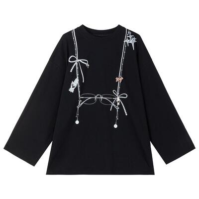 KEIKO珍珠链印花长袖精梳棉T恤