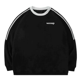 WASSUP HEODS黑白条纹卫衣男女士秋冬宽松休闲字母潮牌三条杠上衣
