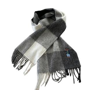 围巾英国订小熊100%澳洲羊毛英伦风男女情侣格子加厚冬季黑白红格