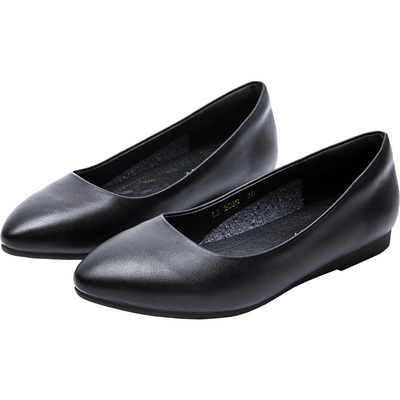 舒适软皮尖头防滑黑色平底皮鞋