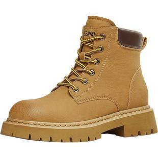 天美意厚底户外工装靴大黄靴加绒马丁靴女鞋子休闲短靴冬新款