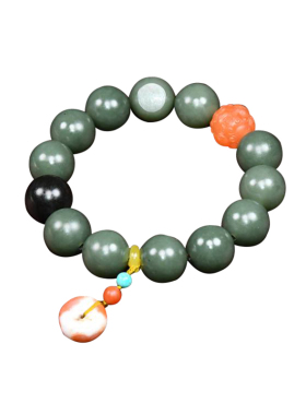 紫润轩新疆和田玉籽料沙枣青手链莹润留皮圆珠16MM手串女款精品级