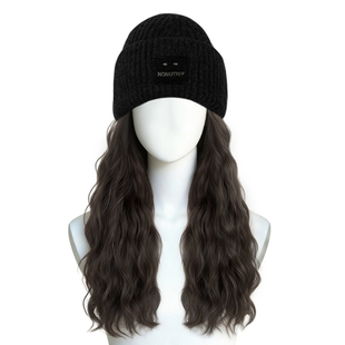 假发帽子一体女秋冬新款时尚仿真发毛线针织帽羊毛卷长发假发头套