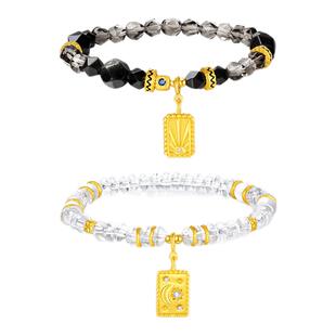 周大生*DC日月星辰情侣手串925纯银黑曜石珍珠手饰男女款生日礼物