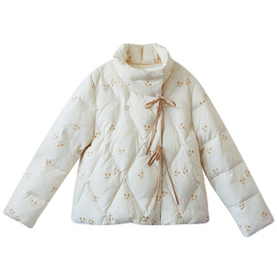 现货【松茶可可】短款羽绒服女装冬季白鸭绒撞色系带轻薄印花外套