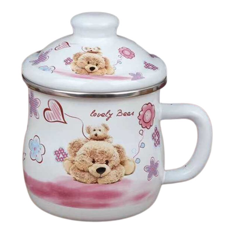 幼儿园带盖家用加厚茶缸搪瓷卡通