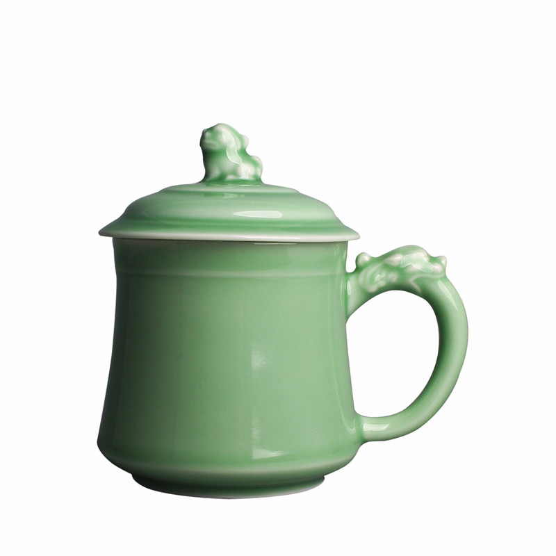 青瓷冰裂茶杯带盖家用梅子青陶瓷茶杯