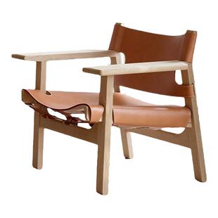 实木藤编西班牙狩猎椅客厅单人沙发椅阳台休闲椅马鞍皮椅子设计师