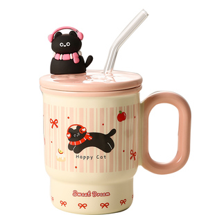 可爱吸管马克杯带盖高颜值水杯女办公室陶瓷杯子新款2025咖啡杯