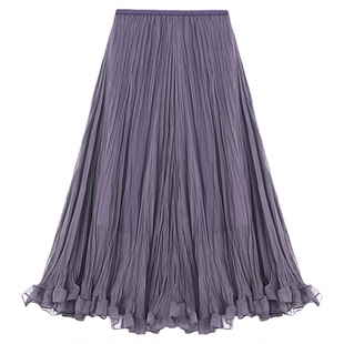 百家好网纱紫色半身裙女2026春季新款高级a字伞裙高腰中长款纱裙