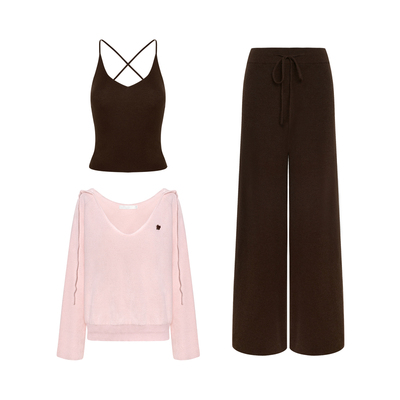 吊带背心连帽针织衫阔腿裤三件套