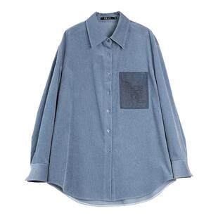 ELLE法式松弛感灯芯绒衬衫女2025秋季新款廓形通勤宽松拼接衬衣