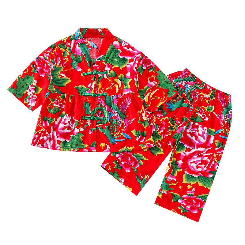 夏季女童纯棉东北大花家居服套装