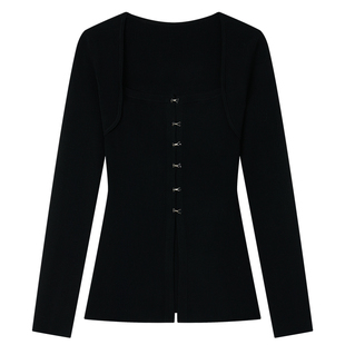 Halo Luu法式黑色气质方领针织开衫女新款排扣修身显瘦打底衫上衣