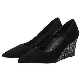 millies妙丽官方百搭高跟鞋女坡跟尖头气质黑色晚晚风不累脚单鞋