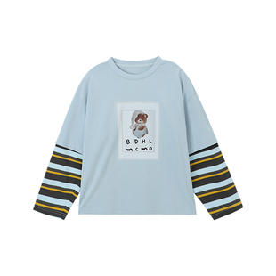 布丁哈鲁春装女童童装百搭上衣2026春季新款儿童条纹假两件T恤