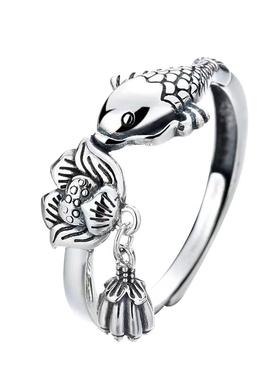 925银锦鲤莲花戒指时尚个性免摘