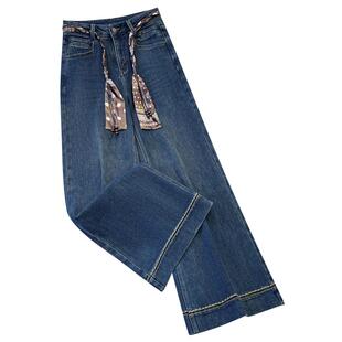 巨好看的丝巾腰带阔腿牛仔裤女加绒加厚2025冬季新款直筒大脚裤子