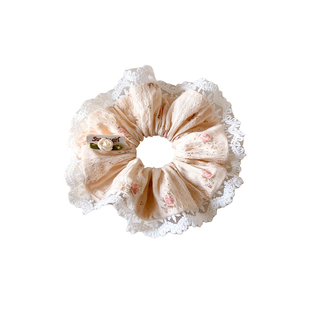 海棠春色~粉色碎花蝴蝶结蕾丝方巾大肠发圈女韩系大号头绳发饰夏