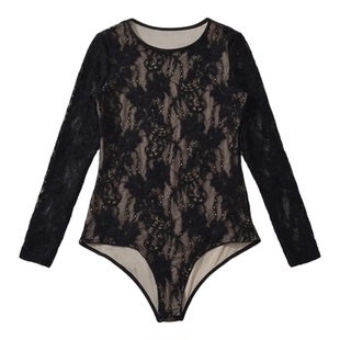 辣妹风双层蕾丝长袖连体衣女秋季外穿勒阴性感修身打底衫连裆上衣