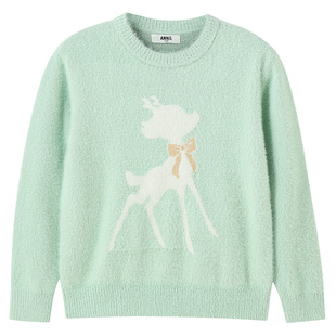 安奈儿童装女童圆领长袖毛衣针织衫冬新款保暖提花弹力甜美