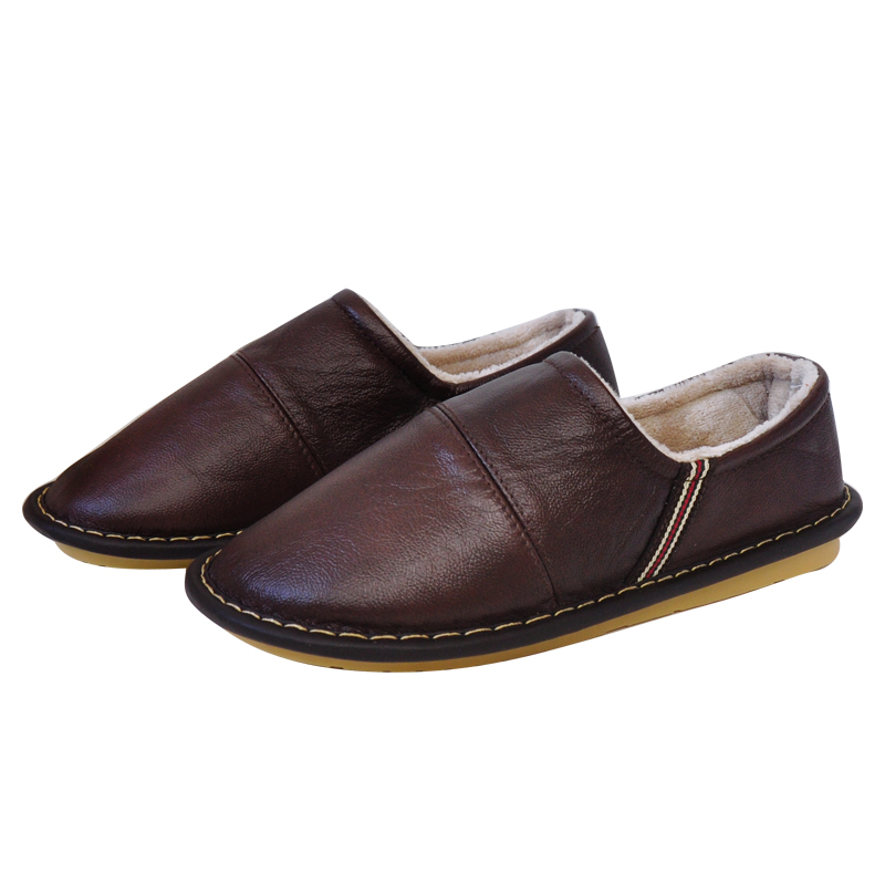 牛皮牛筋底冬季居家真皮包跟棉鞋男女室内家用毛绒棉拖鞋防水防滑