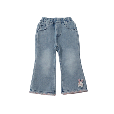 女童加绒牛仔裤秋冬一体绒喇叭裤