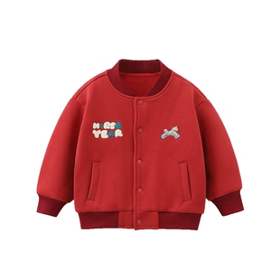 [骏马福裳240g摇粒绒]齐齐熊宝宝加绒棒球服外套男童红色新年儿童
