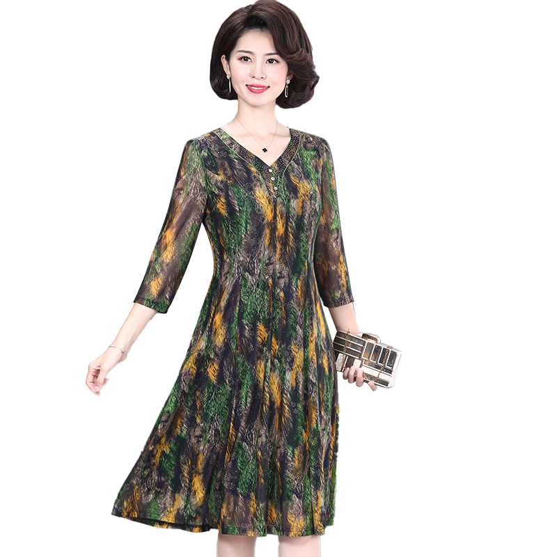 中年妈妈夏季气质短袖连衣裙