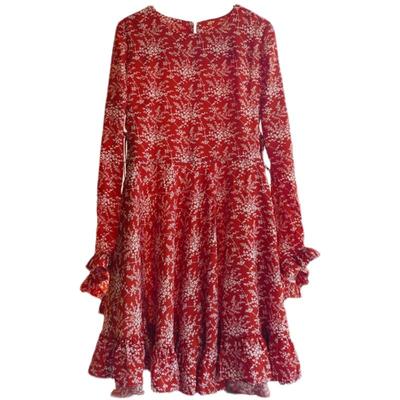 度假风雪纺碎花红色防晒连衣裙