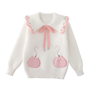 女童秋冬款娃娃领毛衣2025新款洋气蝴蝶结中大童加厚打底衫上衣