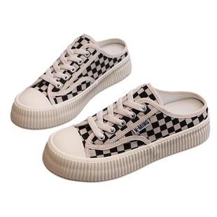 帆布鞋女夏新款学生半拖鞋乞丐懒人鞋厚底松糕鞋包头平底鞋ins潮