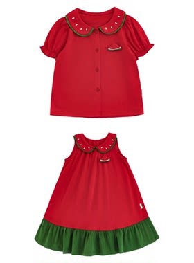 幼悠女童西瓜套装夏季新款纯棉抗菌凉感短袖娃娃衫宽松可爱连衣裙