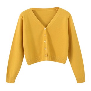 宽松春秋小短款高腰长袖女上衣毛衣短小外套v领针织衫开衫小外搭
