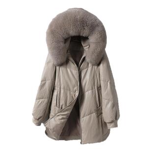 羽绒服女常规款连帽狐狸毛领韩版宽松外套冬季新款90白鸭绒真皮衣