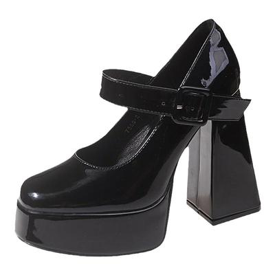 小众粗跟玛丽珍鞋黑色鞋新款