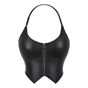 PU皮挂脖拉链外穿鱼骨胸衣背心吊带短款上衣绑带收腰性感辣妹欧美