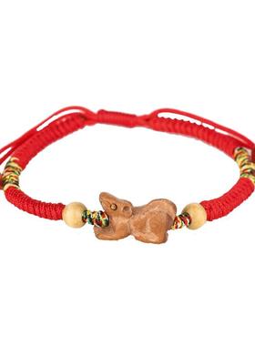 桃木立体雕刻十二生肖红绳手绳