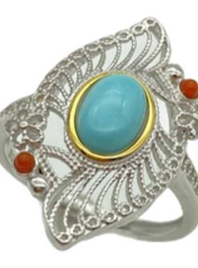 天然绿松石镶嵌925银小众戒指女