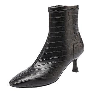 DFuse迪芙斯气质方头细跟瘦瘦靴子女鳄鱼纹理高跟中筒