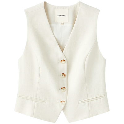 CROWNLESS未冕25夏复古老钱风简约感修身亚麻混纺纽扣V领马夹女