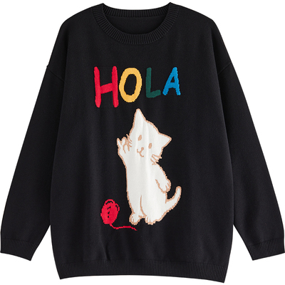 SELLYNEAR猫咪字母提花宽松毛衣