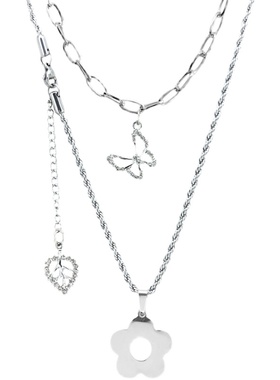 原创ins风欧美小众花朵吊坠双层钛钢项链百搭卫衣链轻奢女新潮酷