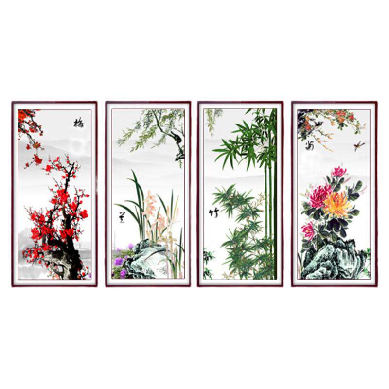 5d客厅钻石绣四联画手工diy梅兰竹菊花点砖粘钻十字绣贴钻画满钻