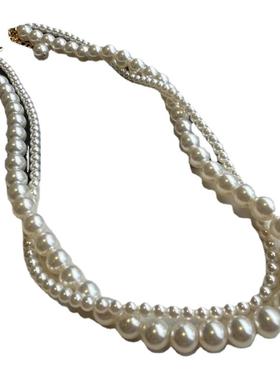复古双层缠绕大小玻璃珍珠项链