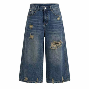 美式复古风做旧破洞毛边水洗宽松牛仔裤女七分阔腿裤轻薄好看夏装