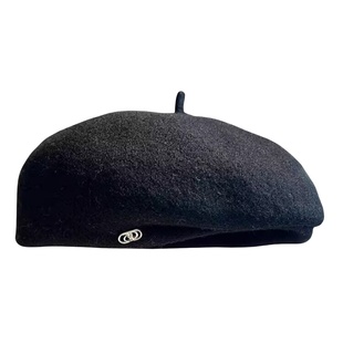 黑色贝雷帽女秋冬显脸小高级感帽子蓓蕾新款秋冬款小标毛呢画家帽