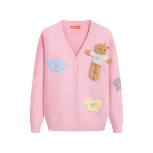 NOISY TEDDY26春季新款可爱立体熊V领女士长袖针织衫开衫宽松百搭