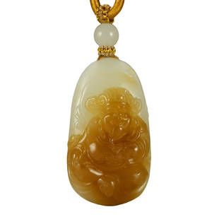 玉友和田玉财神吊坠男款玉坠黄金糖白玉财神到玉佩玉石挂件附证书