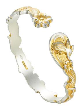 足银999描金桃花狐狸手镯